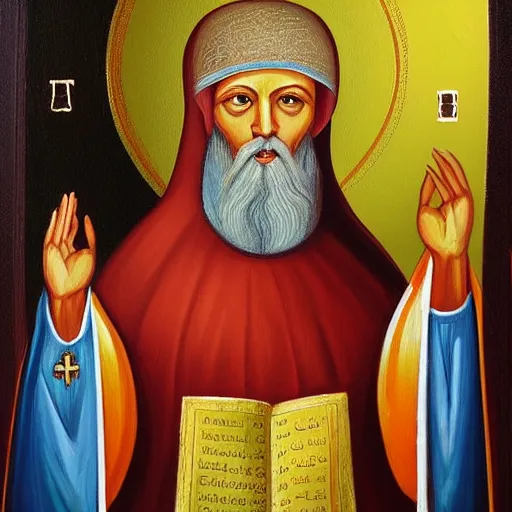 Prompt: habib rieziq shihab as saint with orthodox church styles painting,oil paint