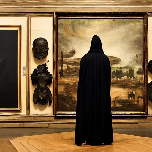 Prompt: the grim reaper standing stoic in black robe, holding scythe, waiting patiently, in a museum with paintings and people, perfect composition, by edmond leighton, simon stalenhag