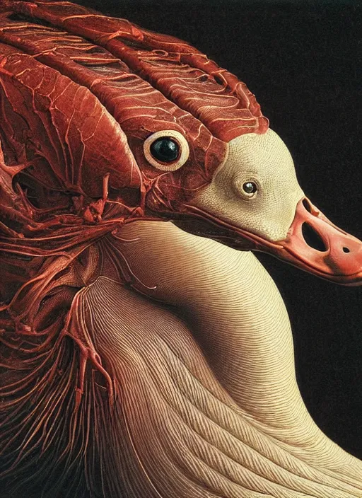 Prompt: portrait of a goose with translucent skin, visible muscles and veins and arteries and bones and spines and nerves, beautiful detailed intricate insanely detailed octane render, 8k artistic photography, photorealistic, chiaroscuro, by David Cronenberg, Raphael, Caravaggio