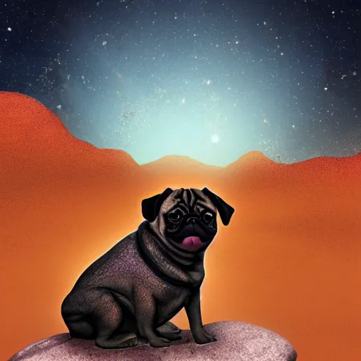 Prompt: an Pug sitting on a rock on Mars surrounded by flowers, with the sky full of stars, digital art, trending on artstation, HDR