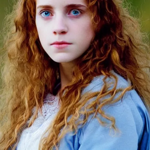 Prompt: hermione, golden hair, blue eyes, beautiful