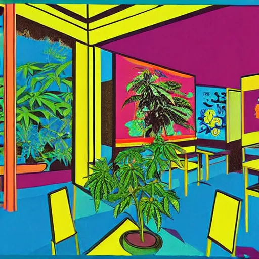 Image similar to taiwanese style cafe inside are australian patrons, decorated with cannabis pot plants 🪴 utopia frontage, pop art poster, vivid colors by will barnet