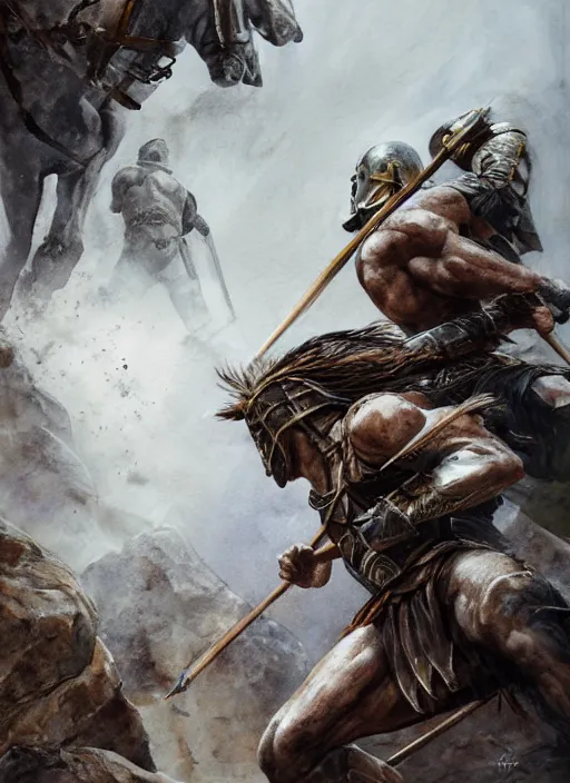Prompt: portrait, Spartan Warriors fighting at the cliffs of thermopylae, watercolor, dramatic lighting, cinematic, establishing shot, extremely high detail, foto realistic, cinematic lighting, pen and ink, intricate line drawings, by Yoshitaka Amano, Ruan Jia, Kentaro Miura, Artgerm, post processed, concept art, artstation, matte painting, style by eddie mendoza, raphael lacoste, alex ross