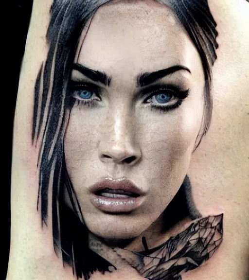 Image similar to megan fox face double exposure with beautiful mountains, tattoo sketch, hyper - realistic, in the style of matteo pasqualin, amazing detail, sharp, black and white