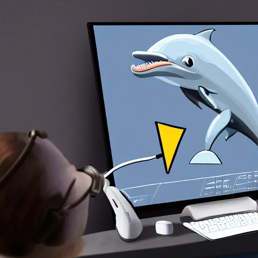 Image similar to An anthropomorphic grey dolphin wearing a white lab-coat and playing games on a computer, digital painting, close-up, wearing a headset