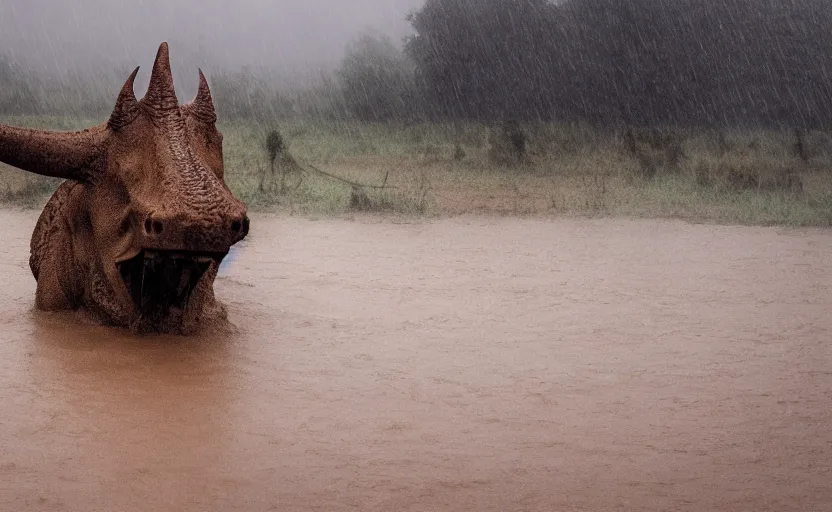 Prompt: nature photography of a rain soaked triceratops in flood waters, african savannah, rainfall, muddy embankment, fog, digital photograph, award winning, 5 0 mm, telephoto lens, national geographic, large eyes