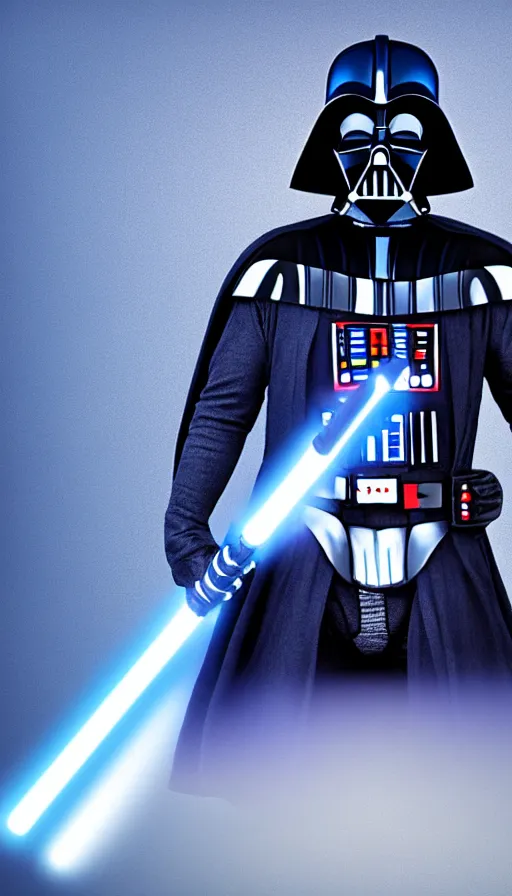 Image similar to A blue colored Darth Vader suit holding a blue lightsaber, 4k, dark background, 3d, full body image,