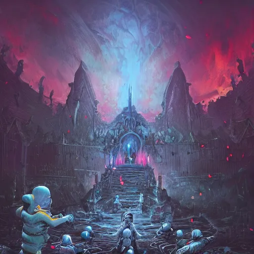 Image similar to necromancer summon minions in dark grave, acrilic paint, digital, artstation, detailed intricate ink illustration, heavenly atmosphere, digital art, overdetailed art, concept art, complementing colors, trending on artstation, cgstudio, the most beautiful image ever created, dramatic, subtle, details, award winning artwork, beautiful scenery