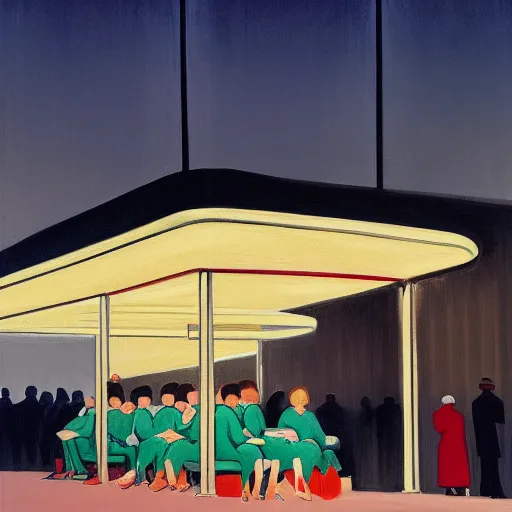 Prompt: a some people waiting in a lone bus stop in quiet dark city night painted by Alex Katz and Edward Hopper, high quality, high resolution,detailed