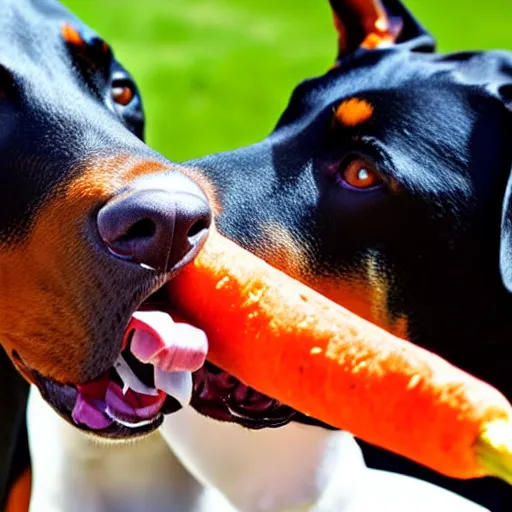 Image similar to doberman dog eating a carrot, photo