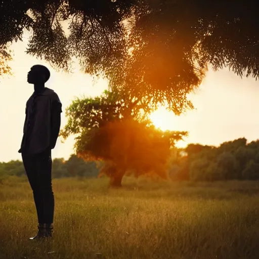 Prompt: dark skin man with curly hair, in the style of an anime film, standing alone in nature, sunset, backlit, contemplative, dreamy, pastel colors, youthful, fairylike