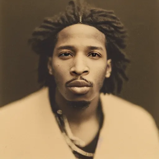 Image similar to a vintage photograph of the Rapper Future by Julia Margaret Cameron, portrait, 40mm lens, shallow depth of field, split lighting