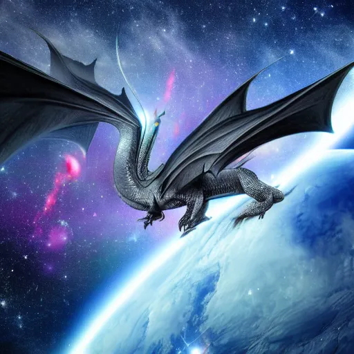 Prompt: a real dragon flying through space, galaxies, dlsr camera, hyper realistic, high definition, 4k