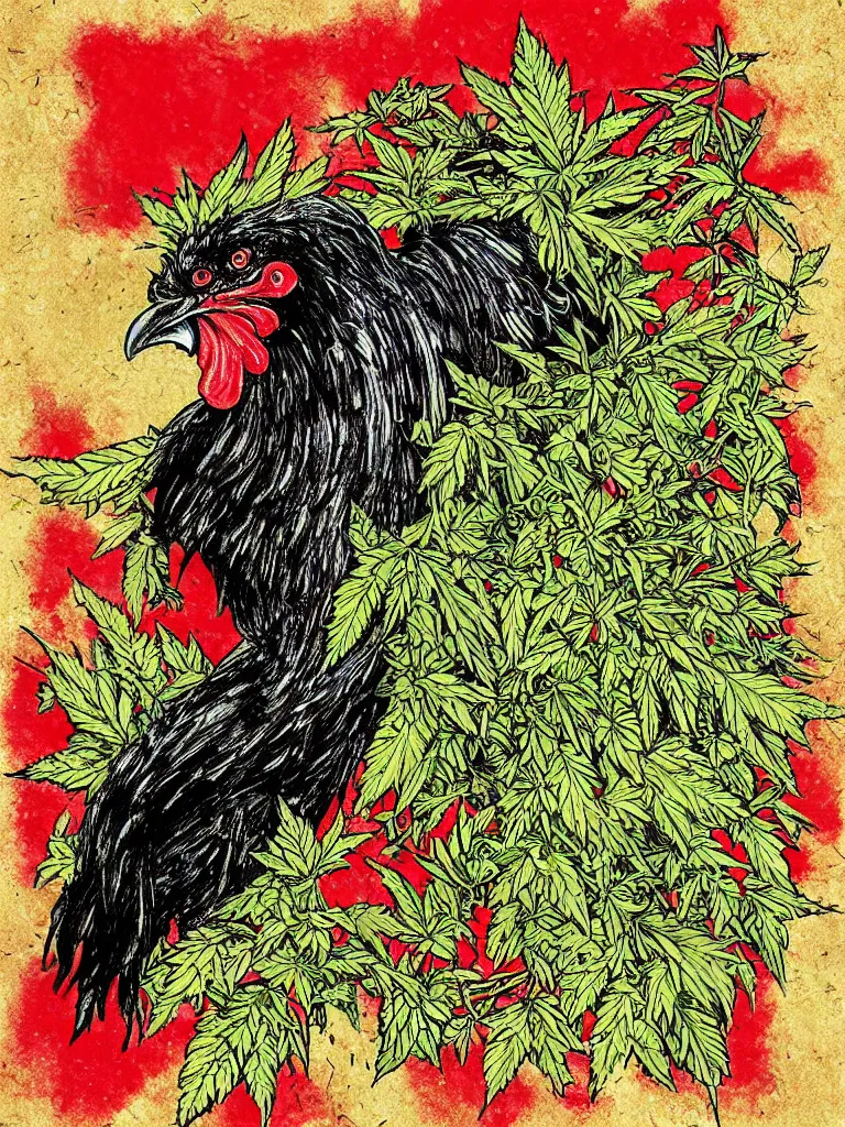 Prompt: dark military portrait of a majestic Fat!!!! Black Rooster, the King of rooster old decrepit tarot card, red gold black royal tarot card background, with green Cannabis Leaves, ultra-detailed pen and ink illustration, vibrant red and green colours, shiny gold, sharp focus, matte painting, symmetrical, golden ratio, cgsociety, concept art, 8k, octane render, artstation, art by greg rutkowski and Alphonse Mucha and by john kenn mortensen