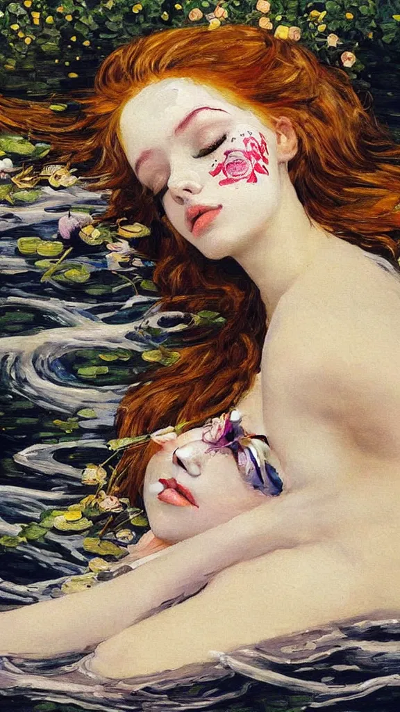 Image similar to prompt: one beautiful girl sleeping in the lake with shining face painted by Valentin Serov, detailed realistic face, Ophelia painting inspired, intricate detailed oil painting, alchemical artifacts and hieroglyphs, magical items, gnarly paint marks