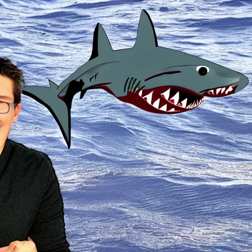 Image similar to a shark with markipliers face