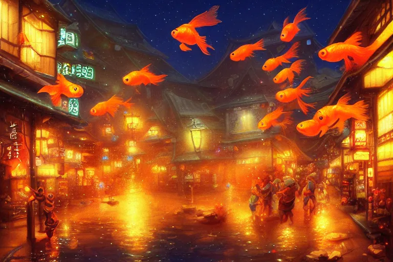 Image similar to fantasy art of glowing goldfish swimming in the air, in the streets of a japanese town at night, with people watching in wonder, by ralph horsley, highly detailed digital art, trending on artstation