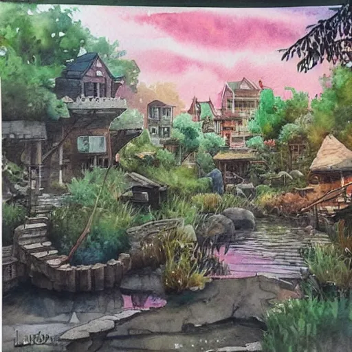 Image similar to Beautiful happy picturesque charming sci-fi town in harmony with nature. Beautiful light. Water and plants. Nice colour scheme, soft warm colour. Beautiful detailed watercolor by Lurid. (2022)