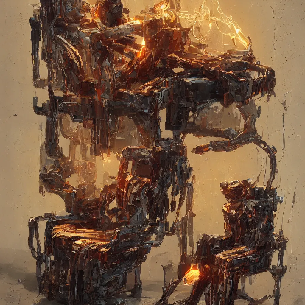 Image similar to cyber punk cat character laying, wood carved chair, super powers, concept art, by greg rutkowski, old copper pipes, complementing colors