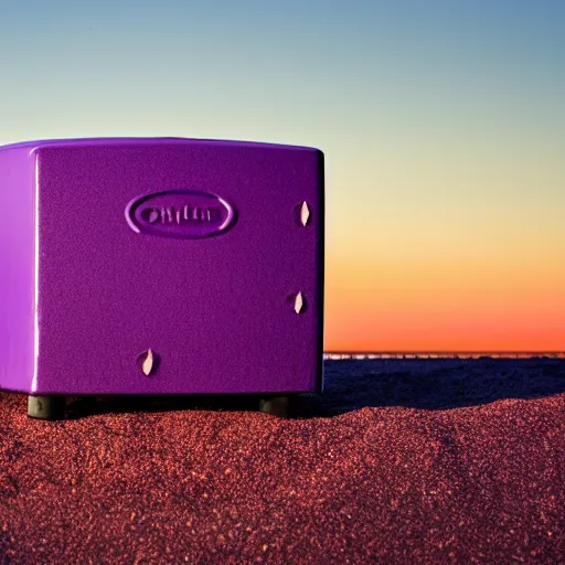 Prompt: purple refrigerator on red sand with green ocean and black sunset