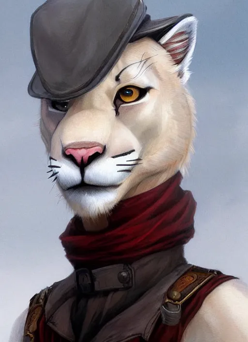 Image similar to beautiful portrait commission of a male furry anthro!!! albino mountain lion with dark red eyes and black nose markings wearing old-timey miner's clothes. Atmospheric. Character design by charlie bowater, ross tran, artgerm, and makoto shinkai, detailed, inked, western comic book art