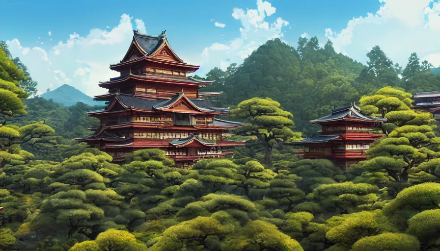 Image similar to A highly detailed matte painting of a large japanese castle, in the tall mountains, with matsu pine trees, with sakura cherry trees, by Studio Ghibli, Makoto Shinkai, by Artgerm, by beeple, volumetric lighting, octane render, 4K resolution, trending on artstation, masterpiece