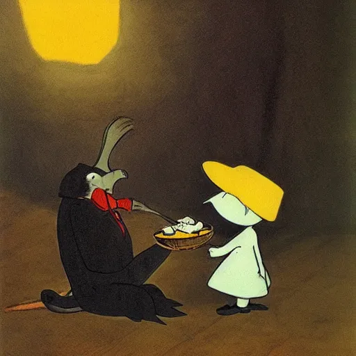 Image similar to moominpapa devours his son, goya painting, 4 k