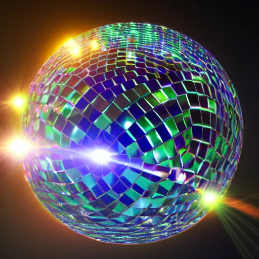 Image similar to render of an ultrarealistic photograph of a very clear and crystal disco ball with a high - powered laser shooting light into the disco ball and dispersing full spectrum light beautifully onto the surrounding surfaces, light dispersion, light effects, 3 d render, octane render, luxcore render, visual caustics, light dispersion, 8 k