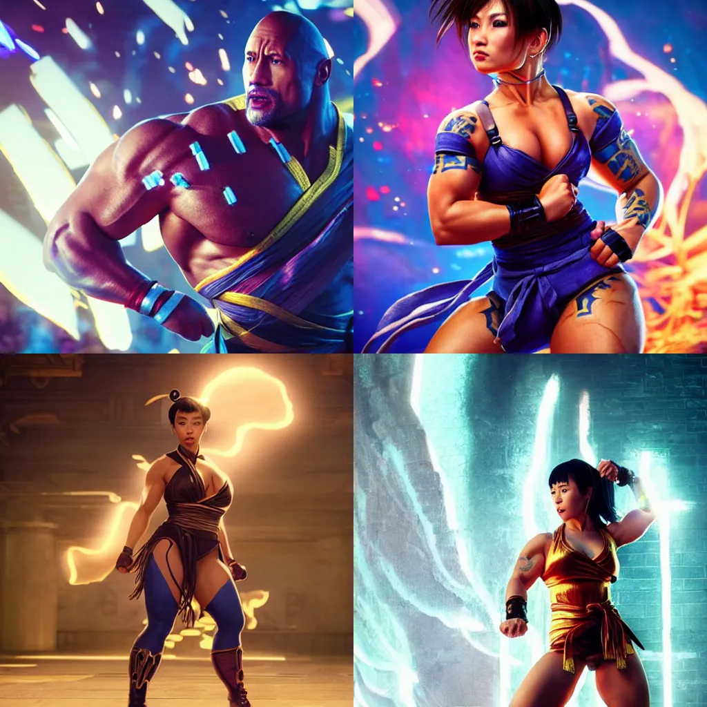 Image similar to dwayne johnson, chun li outfit, posing like a street fighter, intricate, epic lighting, cinematic composition, hyper realistic, 8k resolution, unreal engine 5, by Artgerm, tooth wu, dan mumford, beeple, wlop, rossdraws, James Jean, Andrei Riabovitchev, Marc Simonetti, yoshitaka Amano, Artstation