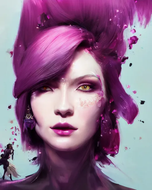 Image similar to a highly detailed image of A beautiful woman, in professional makeup, with medium length magenta hair covering an eye, and a tall tree, and large obsidian crystals, cinematic lighting, dramatic atmosphere, by Dustin Nguyen, Akihiko Yoshida, Greg Tocchini, Greg Rutkowski, Cliff Chiang, 4k resolution, trending on artstation