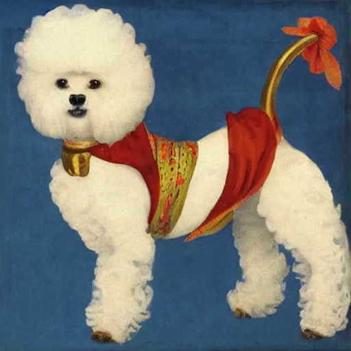Prompt: bichon frise dog wearing a jester costume and dancing, medieval painting