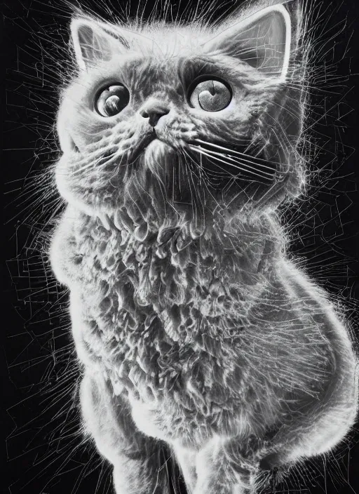 Image similar to futuristic lasers tracing, laser cat, selkirk rex longhair, by steven meisel, kaws, rolf armstrong, mondrian, kandinsky, perfect geometry abstract acrylic, octane hyperrealism photorealistic airbrush collage painting, dark monochrome, fluorescent colors, minimalist rule of thirds, eighties eros