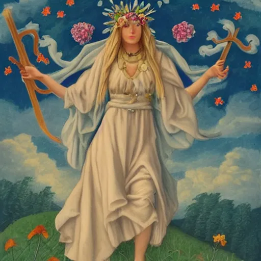 Image similar to Midsommar cloud queen in the style of Evelyn De Morgan