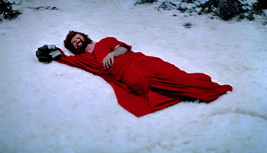 Image similar to 1 9 6 0 s movie still close up of marcus aurelius tired in a red toga frozen to death under the snow by the side of a river with gravel, pine forests, cinestill 8 0 0 t 3 5 mm, high quality, heavy grain, high detail, texture, dramatic light, anamorphic, hyperrealistic, detailed hair, foggy
