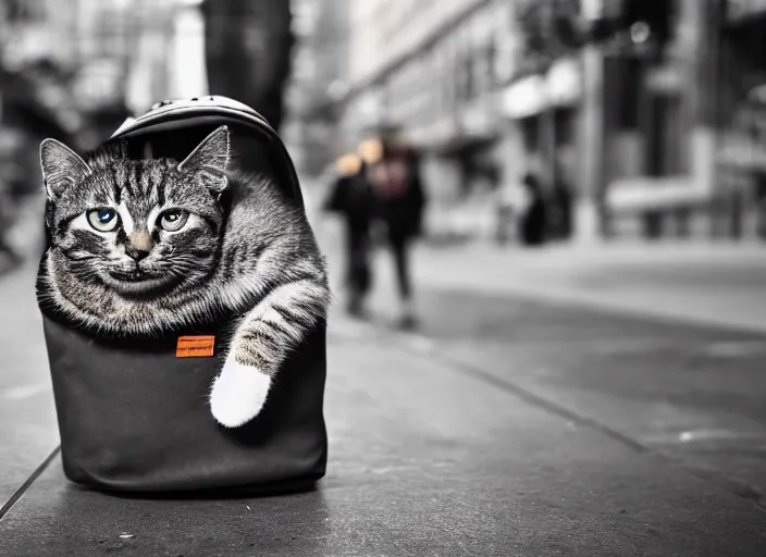 Image similar to photography of a Cat being carried in an half open backpack . in a new york street. award winning photo, led lighting, night, 130mm, sharp, high res