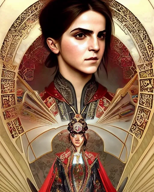 Prompt: portrait of a turkish masculine female emma watson cyberpunk machine, machine face, upper half portrait, decorated with ottoman opera motifs, muscular, asian, fine china, wuxia, traditional chinese art, intricate intense elegant, highly detailed symmetry headpiece digital painting artstation concept art smooth sharp focus illustration, art by artgerm and greg rutkowski alphonse mucha 8 k