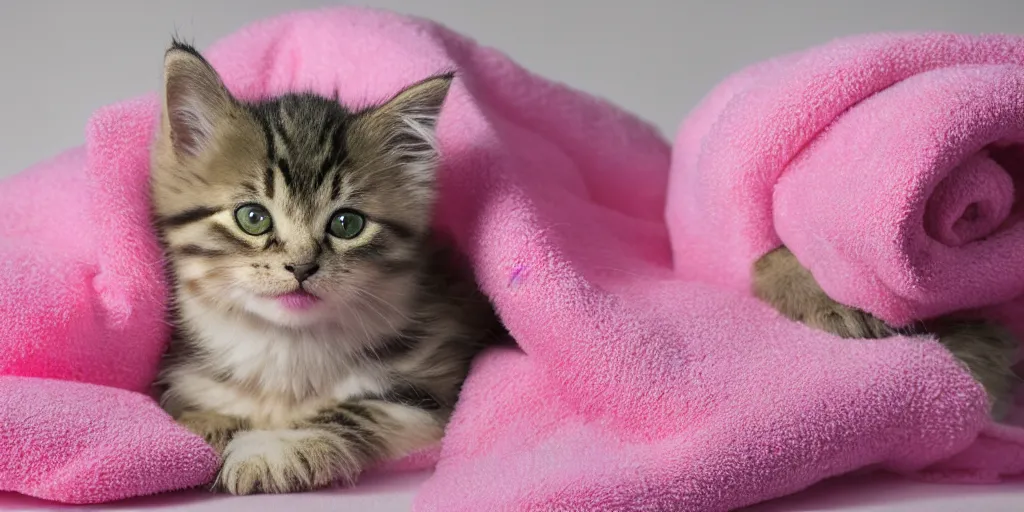 Prompt: oil painting of a fluffy tabby kitten wrapped in a pink towel, product photography of a shower curtain, product lighting. 4 k, highly detailed. saturated.