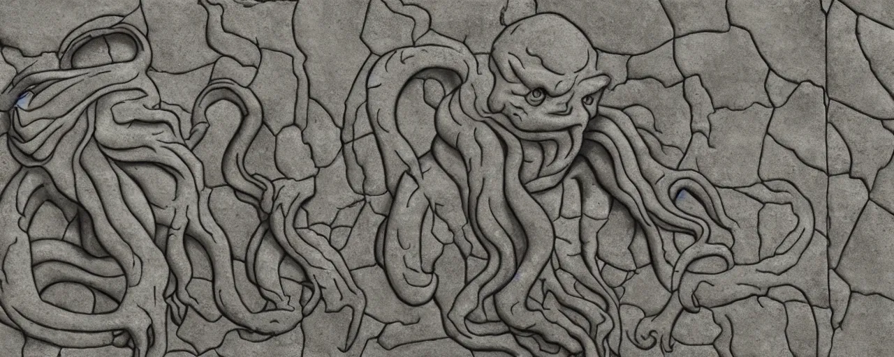 Image similar to limestone panel with Cthulhu, clean, texture, photorealistic, scenic