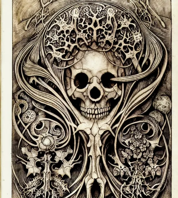 Image similar to memento mori by arthur rackham, art forms of nature by ernst haeckel, exquisitely detailed, art nouveau, gothic, ornately carved beautiful skull dominant, intricately carved antique bone, art nouveau botanicals, ornamental bone carvings, art forms of nature by ernst haeckel, horizontal symmetry, arthur rackham, ernst haeckel, symbolist, visionary