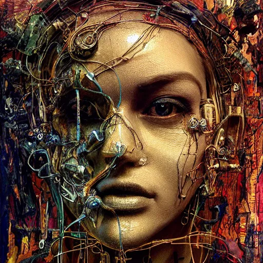 Prompt: human 3 d by pantokrator, beautiful sexy woman head made of mech mask rendered in unreal engine, biotechnology, cyberpunk, dark, scifi, golden wires and cyberntic vessels coming from core processor, contrast, painted by david burliuk | bernard buffet | carne griffiths | stanislaw lem