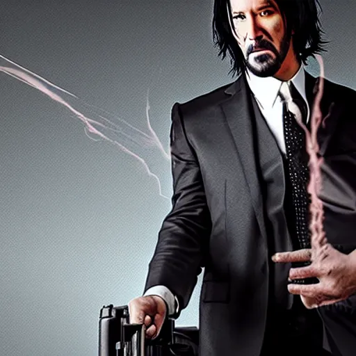 Prompt: portrait photo of a gangster like the fusion of John Wick and Morpheus pointing a gun at the camera, menacingly