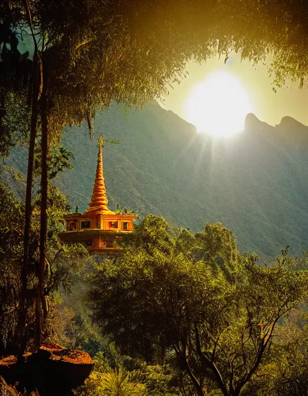 Image similar to vintage color photo of light floating over a temple in the jungle in Cordillera De Los Andes, 8k definition