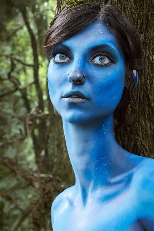 Image similar to an italian woman dressed as a blue-skinned female navi from avatar standing in a forest, blue body paint, high resolution film still, 8k, HDR colors, cosplay, outdoor lighting, high resolution photograph, photo by bruce weber, beautiful symmetric face, beautiful gazing eyes