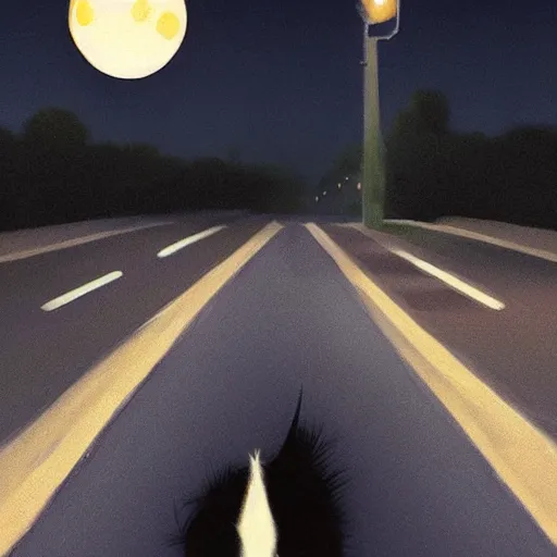 Image similar to a black cat in the middle of a road with streetlight at mid night with the moon in the back. Made by Jason Degraaf, Edward Hopper, Don Eddy. Hyper realistic, unreal 5, artstation, high detail.