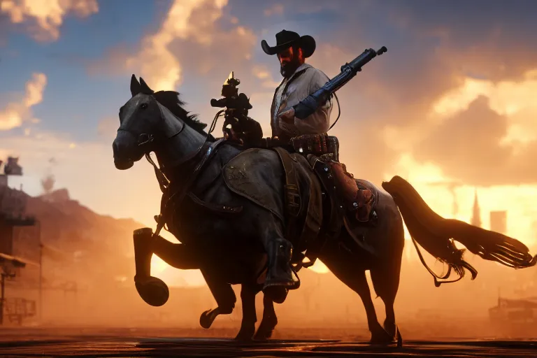 Prompt: photo from shoulder of a cowboy, riding a steampunk horse, carrying a big gun, on a futuristic shopping mall, cinematic lightning, ray tracing, unreal engine 5, photorealistic, 8 k, uhd, 4 k, red dead redemption 2 game concept, extremely detailed, beautiful, elegant, intricate, foggy, in - game footage