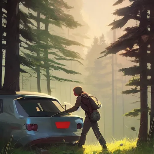 Image similar to ilustration hiker unloading the car before camping, characterized by roman shipunov, etienne hebinger, atey ghailan, cgsociety, cynical realism, fantasy art, 2 d game art
