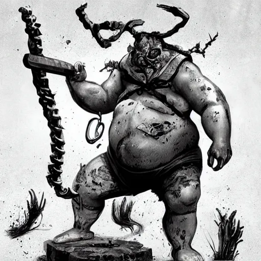 Prompt: a fat fleshy abomination butcher holding a cleaver and a hook hand, multiple arms, chained hook, cleaver knife, meats on the ground, in the style of greg rutkowski, fantasy rpg, league of legends