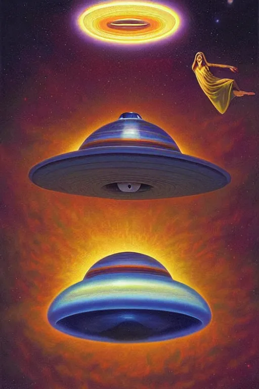 Prompt: classic oil painting, a flying saucer ufo hovering in the air, inside a cluttered bedroom at night, abduction beam, highly detailed, digital illustration, concept art, smooth, sharp focus, art by tim hildebrandt, and alex grey