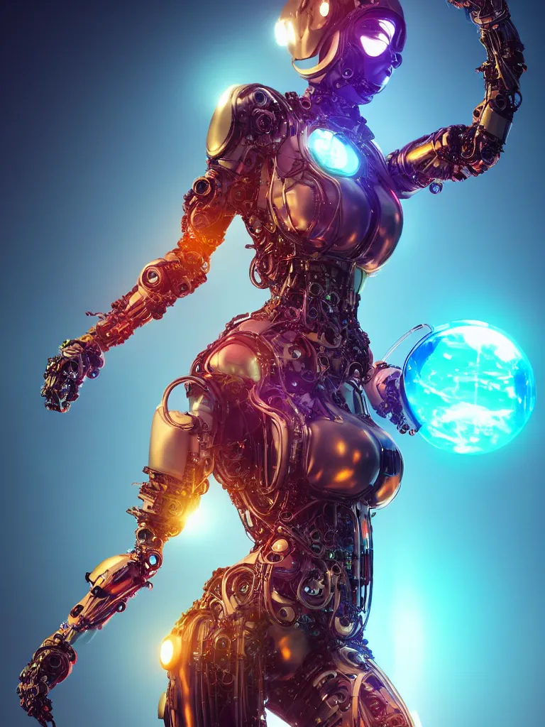 Prompt: full lenght shot, super hero pose, woman in biomechanical dress, inflateble shapes, wearing epic bionic cyborg implants of different colors, masterpiece, intricate, biopunk futuristic wardrobe, highly detailed, artstation, concept art, background galaxy, cyberpunk, octane render