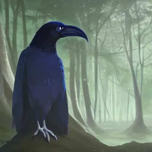 Image similar to concept art painting of an anthropomorphic albino raven wearing dark blue robes, in the deep forest, realistic, detailed, cel shaded, in the style of makoto shinkai and greg rutkowski and james gurney